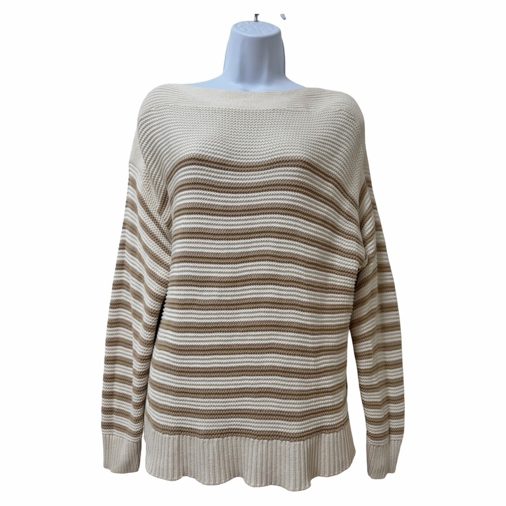 Lauren Ralph Lauren Women Striped Knit Sweater Size XL White Tan Nautical Preppy